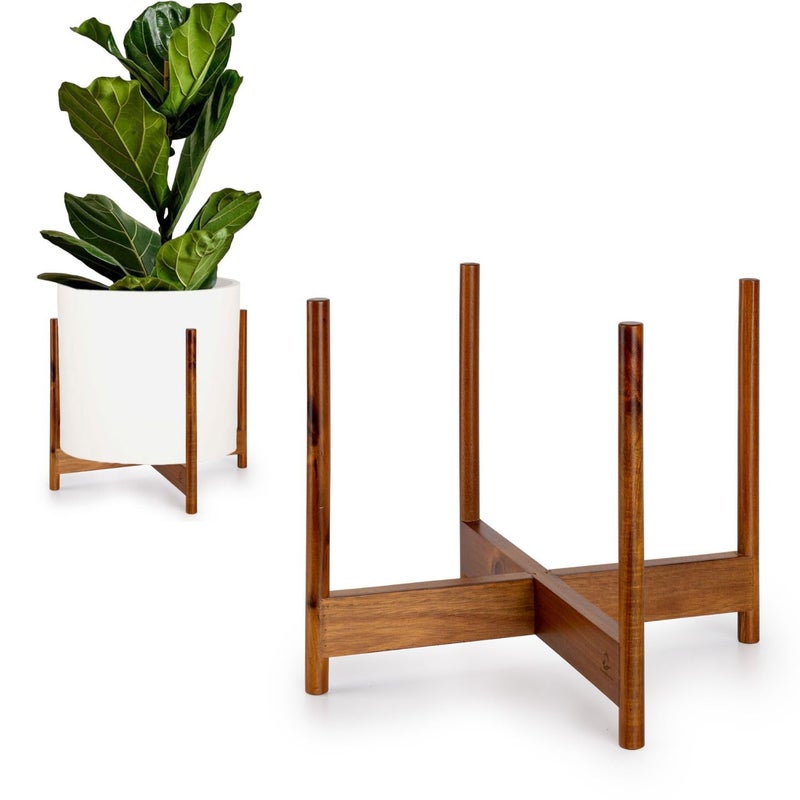 Fox & Fern Mid Century Plant Stand â€” 14.9 Inch Fixed Size Wooden Plant Stand for Indoor Planters (Not Included) - Extra Large Flower Pot Holder for Indoor Big Pots - Plug In Design - Acacia - Image 1